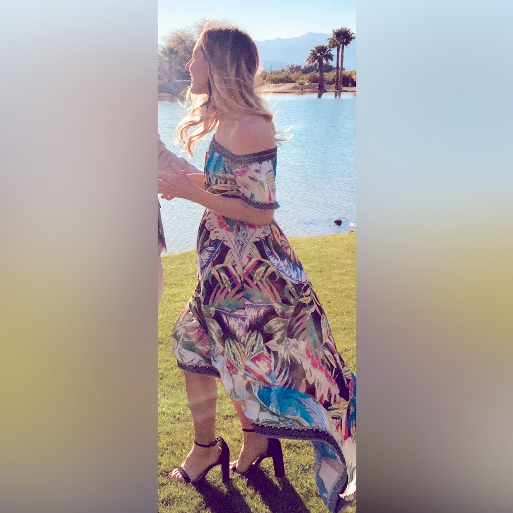 Colorful off the shoulder high low dress. size small